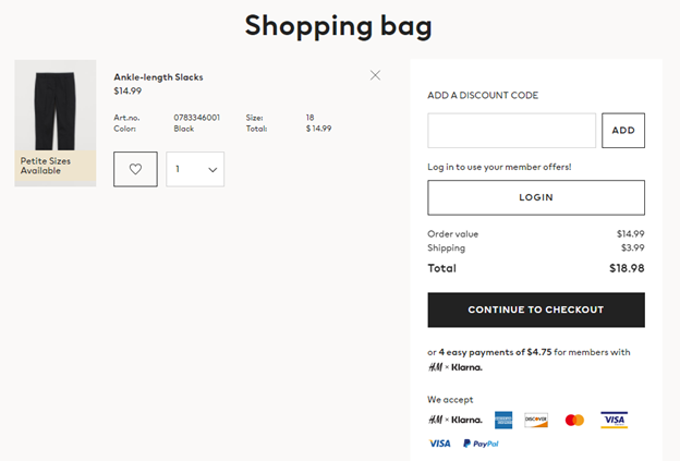 checkout page at H&M online store