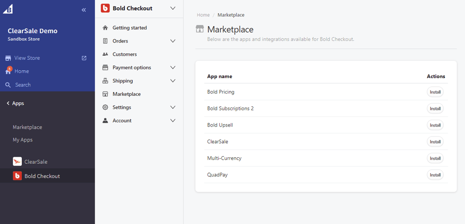 Install the ClearSale App from the Bold Checkout Marketplace