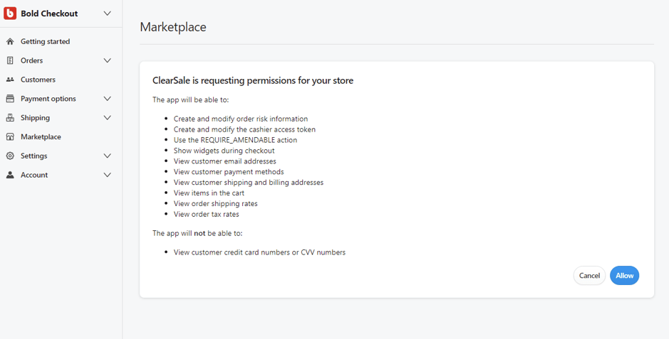 Allow ClearSale's integration to connect to Bold Checkout