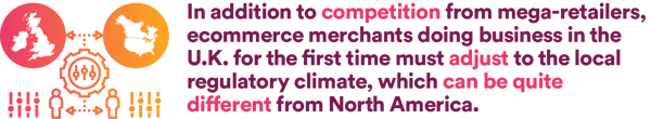 In addition to competition from mega-retailers ecomeerce merchants doing business in the U.K. for the first time must adjust to the local regulatory climate, which can be quite different from North America
