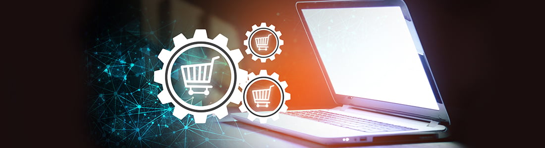 gears and shopping carts coming out of a laptop