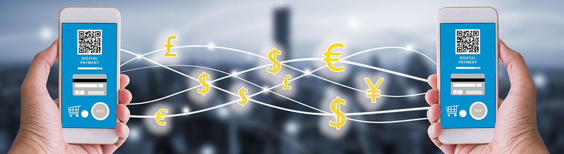  two hands holding smartphones, there are illustrations of lines and cryptocurrencies connecting the two devices