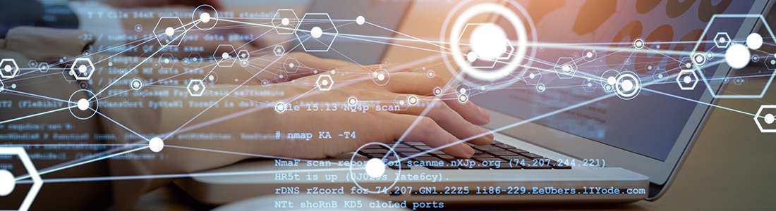  Two hands on top of a laptop and lines and codes overlaid on the image
